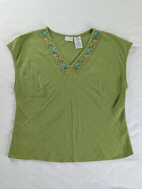 VTG Green Boho Linen Beaded V Neck Embroidered Short Sleeve Top